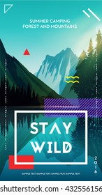 Modern motivational poster template with forest mountains and lake landscape. Trendy typographic and design elements. Vector illustration