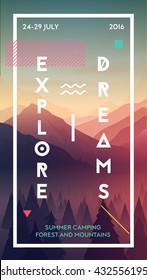 Modern motivational poster template with forest and mountains. Trendy typographic and design elements. Vector illustration