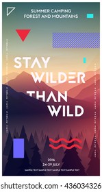 Modern motivational poster template with forest and mountains. Trendy typographic and design elements. Vector illustration