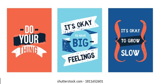 Modern motivational quote set, poster design on grunge background. Vector message, success concept