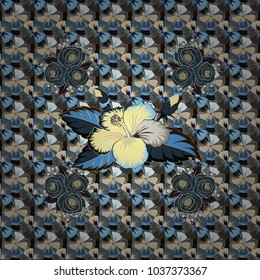 Modern motley floral seamless pattern in blue and gray colors. Floral print. Repeating vector hibiscus flowers pattern.