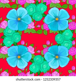 Modern motley floral seamless pattern in green, blue and red colors. Floral print. Repeating vector cosmos flowers pattern.