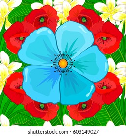Modern motley floral seamless pattern on a green background. Floral print. Repeating vector cosmos flowers pattern.