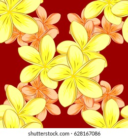 Modern motley floral seamless pattern on a red background. Repeating vector plumeria flowers pattern.