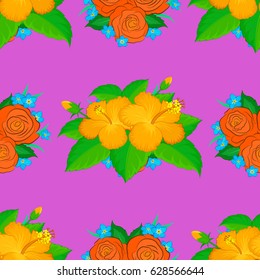 Modern motley floral seamless pattern on a violet background. Floral print. Repeating vector hibiscus flowers pattern.
