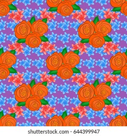 Modern motley floral seamless pattern on a violet background. Floral print. Repeating vector rose flowers and green leaves pattern.