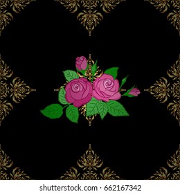 Modern motley floral seamless pattern on a black background. Floral print. Repeating vector rose flowers and green leaves pattern.