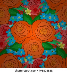 Modern motley floral seamless pattern in green, blue and orange colors. Floral print. Repeating vector rose flowers and green leaves pattern.