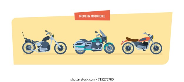Modern motorbike concept. Ground vehicles. Different types of modern motorcycles: sports, biker motorcycle, classic. Vector illustration isolated on white background.