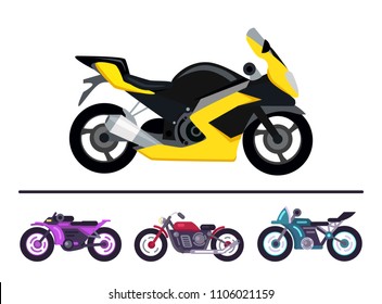 Modern motorcycles design yellow scooter and set motorbikes of different purple red and blue color, bike models of fashionable style, street racer vehicles