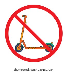 Modern motorized scooter drawn in a flat style placed in a prohibition sign
