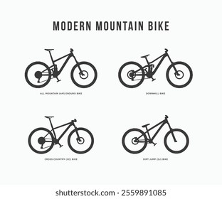 Modern Mountain Bike types icon set. MTB logo. Detailed bicycle silhouette vector illustration