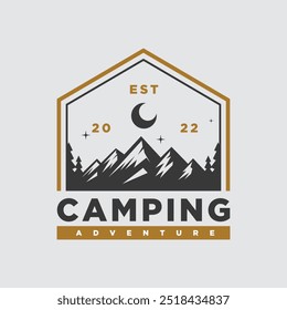 Modern Mountain Camping Adventure with Campfire Logo Design