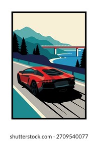 Autopista de montaña moderna con coche de rendimiento rojo