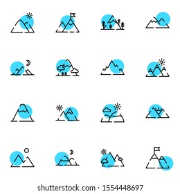 modern mountain icon set. creative hill, adventure, hiking colored outline icons sign, vector illustration.