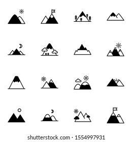 modern mountain icon set. creative hill, adventure, hiking solid outline icons sign, vector illustration.
