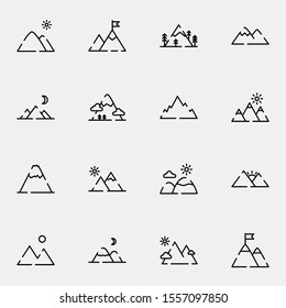 modern mountain icon set. creative hill, adventure, hiking outline icons sign, vector illustration.