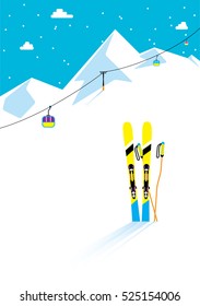 Modern mountain skies in the snow on the snow mountains background. Suitable for poster, banner, advertising design. Vector illustration