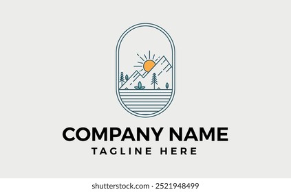 Montanha moderna e sol com design de marca de logotipo de onda, arte vetorial e ilustração.