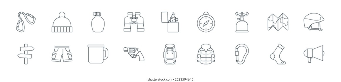 modern mountaineering icon pack. perfect for linear ui designs featuring vector loudspaker, sock, carabiner, jacket, backpack, shot, cup and more icons for mobile and web apps.