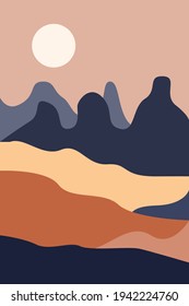 Modern mountains landscape poster, boho wall decor, minimalist art print. Minimal print for design summer party invitation,  travel agency advertising,  t shirt print etc