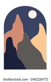Afiche del paisaje montañoso moderno, decoración de boho en la pared, impresión de arte minimalista. Impresión mínima para el diseño de la invitación de verano, publicidad de agencia de viajes, impresión de camisetas, etc