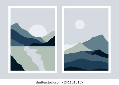 Modern mountains posters. Minimal landscape art with hills and river silhouette, contemporary nature travel wallpaper design. Vector abstract set
