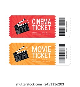 Modern movie or cinema ticket design with clapperboard. Realistic front view. Movie ticket template. Vector illustration