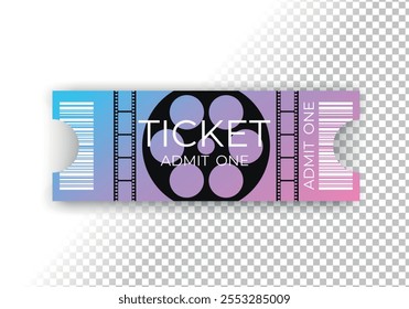 Modern movie or cinema ticket design decorated with film reel and filmstrip. Front view with barcode. Cinema ticket template. Vector illustration