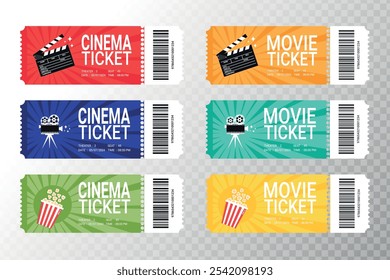 Modern movie or cinema tickets design set. Front view with barcode. Cinema ticket template. Vector illustration