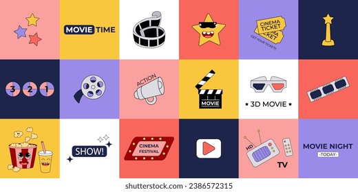 Modern movie design cover with cartoon cinema elements, mascot, popcorn groovy character. Trendy llustration for background, wallpaper, print, web banner. Vector