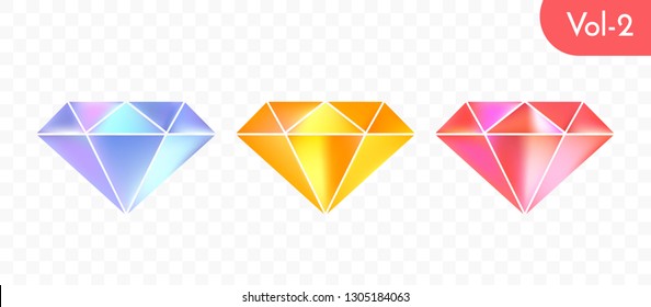Modern multi coloured diamond set isolated on transparent background. Vector bright and shiny crystal symbol design.