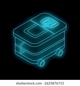 Modern multi cooker with digital display showing cooking stage, glowing with neon blue light effect on black background