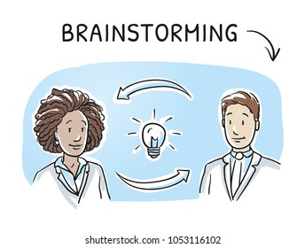 Modern multi ethnic business team, man and woman looking happy, exchanging ideas, working in a team together. Hand drawn cartoon sketch vector illustration, whiteboard marker style coloring.