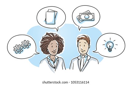 Modern multi ethnic business team, man and woman looking happy, discussing solutions and ideas with icons in speech bubbles. Hand drawn cartoon sketch vector illustration,  marker  coloring.