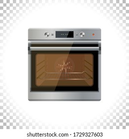 Moderno horno multifunción con pantalla digital, menú táctil, temporizador, puerta cerrada y luz encendida. Vista frontal. Horno eléctrico de cocina con ventana transparente de vidrio negro. Ilustración vectorial.