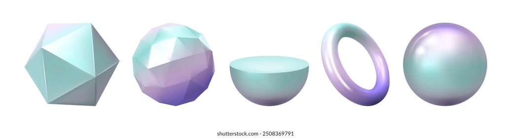 Modern multicolor 3d metal object, futuristic design with neon gradient. Vector isolated set of geometric holographic gradient shapes. Sphere and torus, semisphere and polygonal sides of form