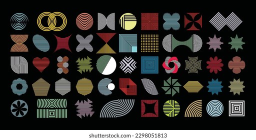 Modern multi-colored abstract background with geometric shapes and line textures set. Minimalistic geometric pattern in Scandinavian style. Trendy vector graphic elements for your unique design