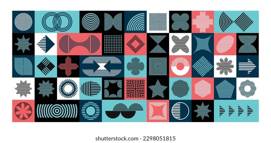 Modern multi-colored abstract background with geometric shapes and line textures set. Minimalistic geometric pattern in Scandinavian style. Trendy vector graphic elements for your unique design