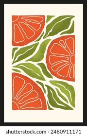 Moderno póster abstracto multicolor con cítricos de corte granulado texturizado y hojas en estilo Matisse. Cartel de concepto de verano. Diseño de moda para el interior, Anuncio, cubierta, impresión, tarjeta.