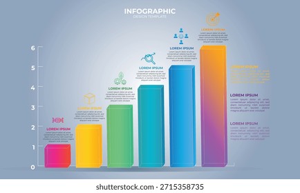 Infografía moderna de gráfico de barras multicolor con seis niveles brillantes (fucsia, amarillo, verde, azul, púrpura). Diagrama de jerarquía de negocio con iconos. Plantilla de versión gris. Información, gráfico, infografía