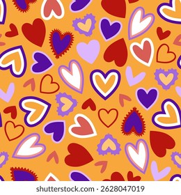 Modern multicolored hearts of different shapes in seamless pattern on orange background