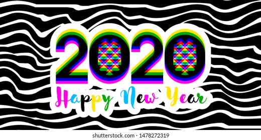 Modern multicolored numbers 2020 with stereoscopic effect and Happy New Year greetings on black white striped background. Stylish vector illustration for greeting card