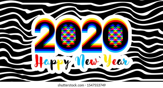 Modern multicolored numbers 2020 with stereoscopic effect and Happy New Year greetings on black white striped background. Stylish vector illustration for holiday calendar, flyer or 