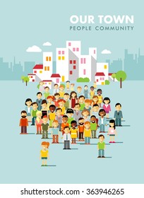 Modern Multicultural Society Concept With City People In Flat Style. Group Of Different People In Community On Town Background