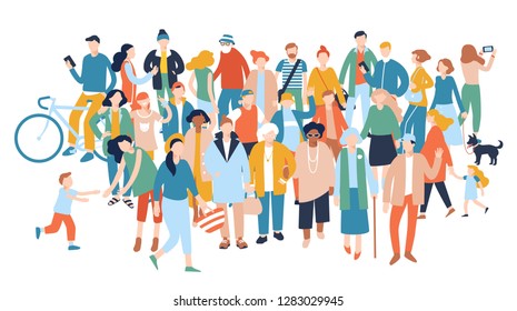 Modern multiculturele samenleving concept met menigte van mensen. Groep van verschillende mensen in de gemeenschap geïsoleerd op witte achtergrond.