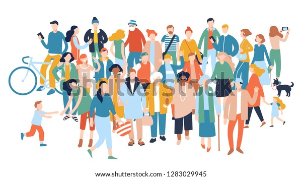 Modern multicultural society concept with\
crowd of people. Group of different people in community isolated on\
white background.