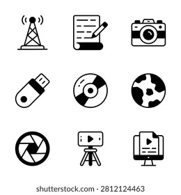 Modern multimedia and broadcasting glyph icon pack for digital communication designs.
