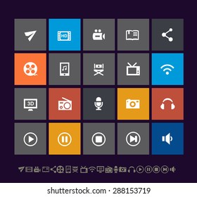 Modern multimedia icons on colored square buttons