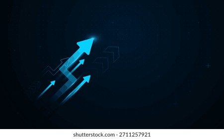 Un moderno Múltiples flechas brillantes trepan diagonalmente, representando ganancias crecientes y un rendimiento acelerado. con flechas azules futuristas que se disparan hacia arriba, simbolizando finanzas poderosas
